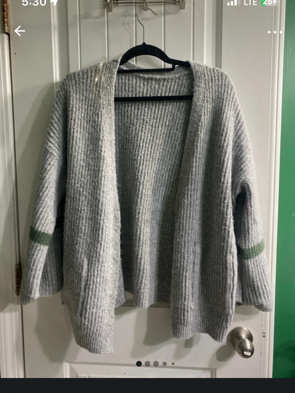 POL Light Gray Ribbed Open Cardigan with Green Sleeve Stripes